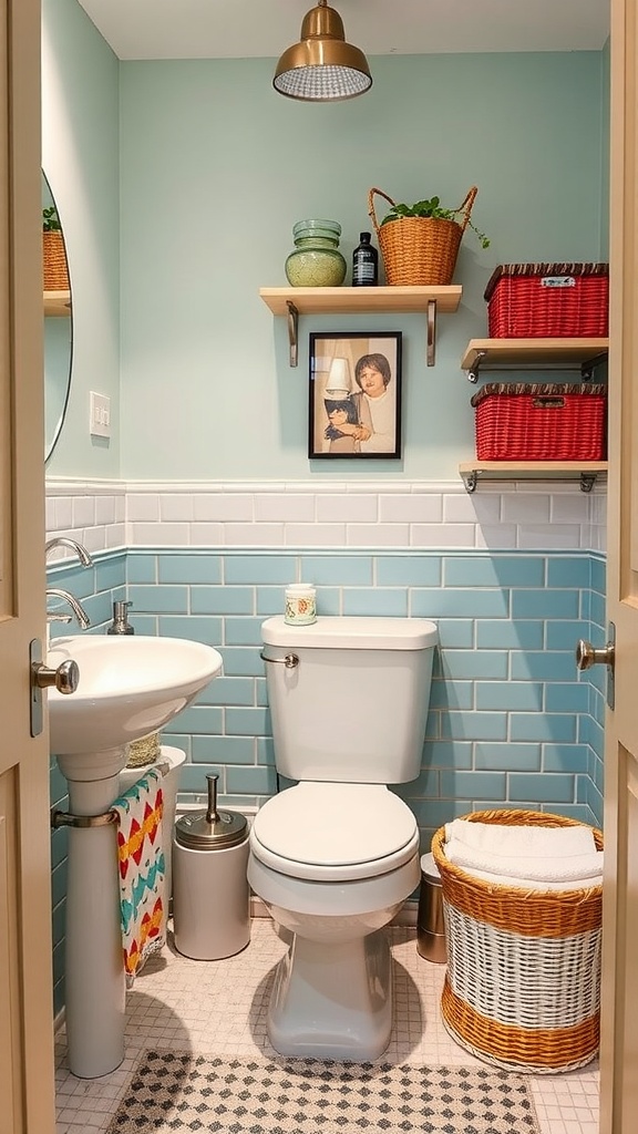 Small bathroom with creative storage solutions, including shelves and baskets.