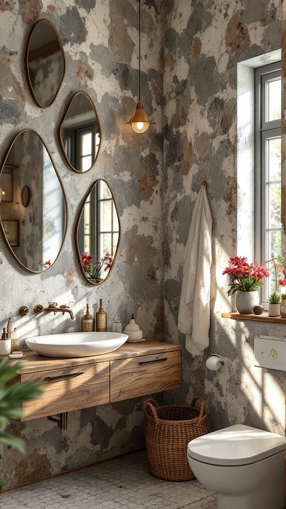 A rustic bathroom showcasing creatively arranged mirrors on a textured wall.