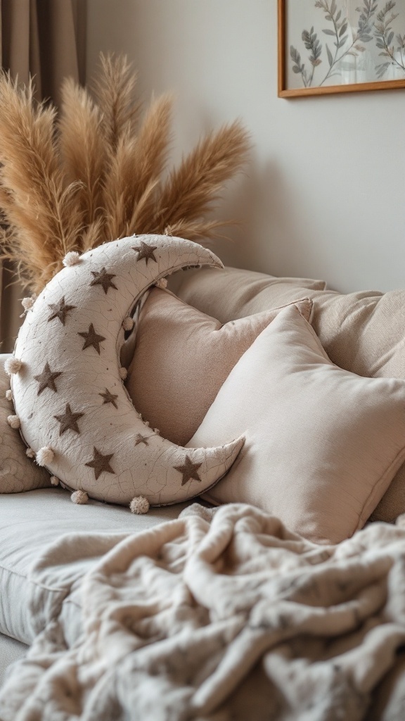 Crescent moon-shaped cushion with stars on a sofa with neutral pillows and a soft blanket.