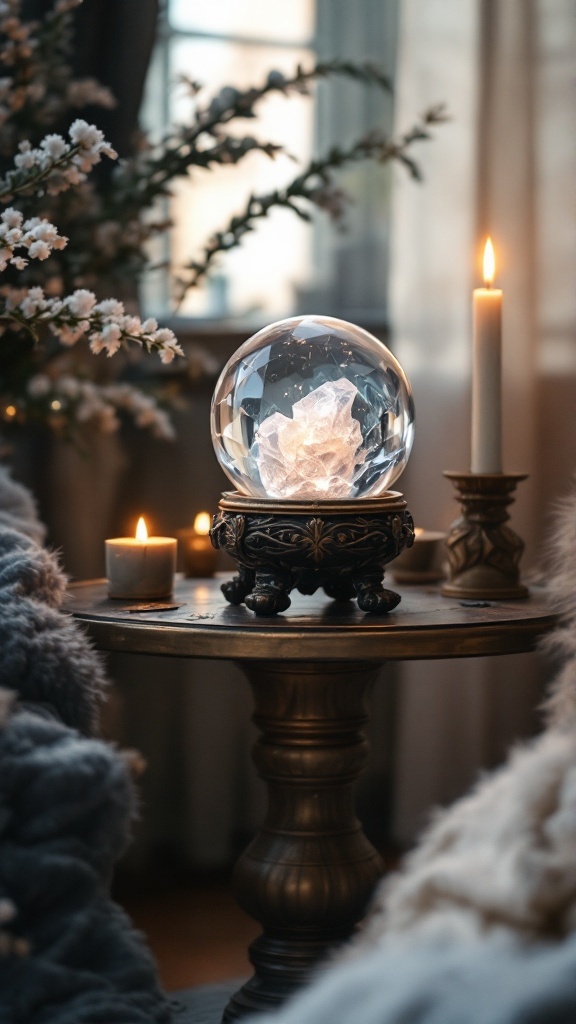 A crystal ball on a decorative table, surrounded by candles and a soft, cozy setting.