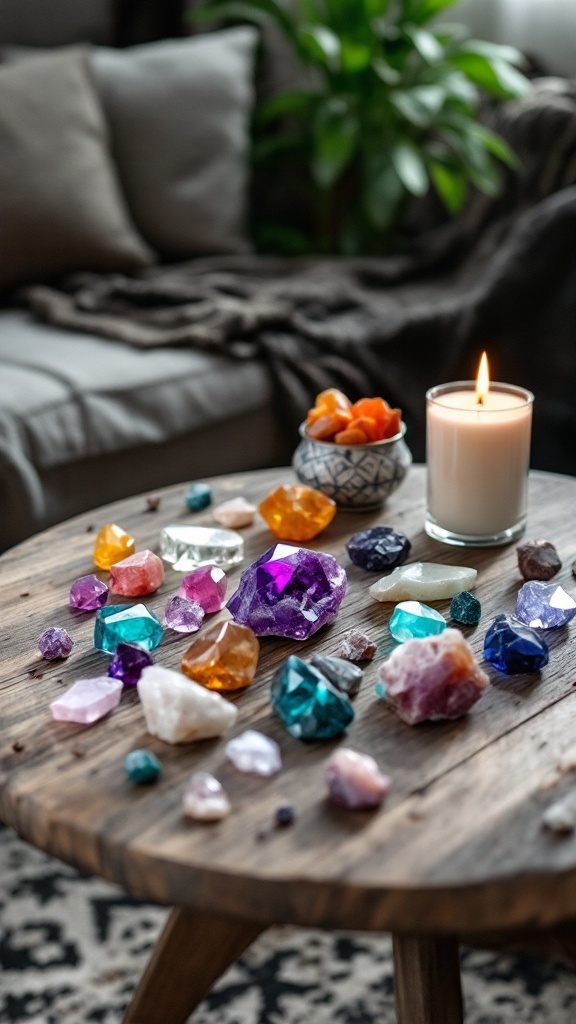 Colorful crystals displayed on a wooden table with a candle and plant in the background.