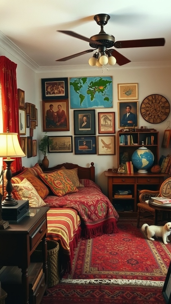 A cozy 1970s boho style bedroom with a mix of vintage decor, art, and warm textiles.
