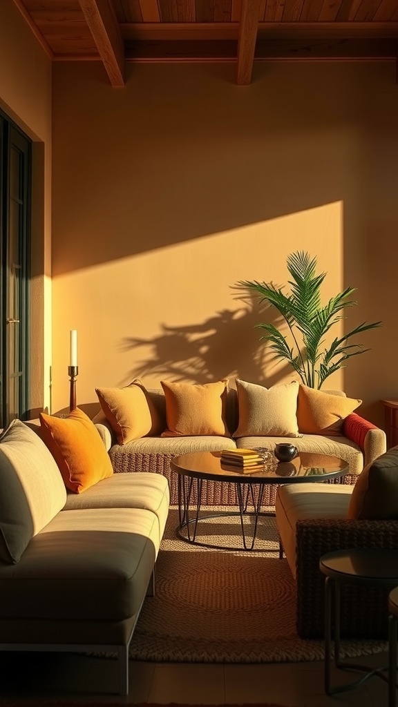 Cozy living room with cushioned seating and warm earth tones