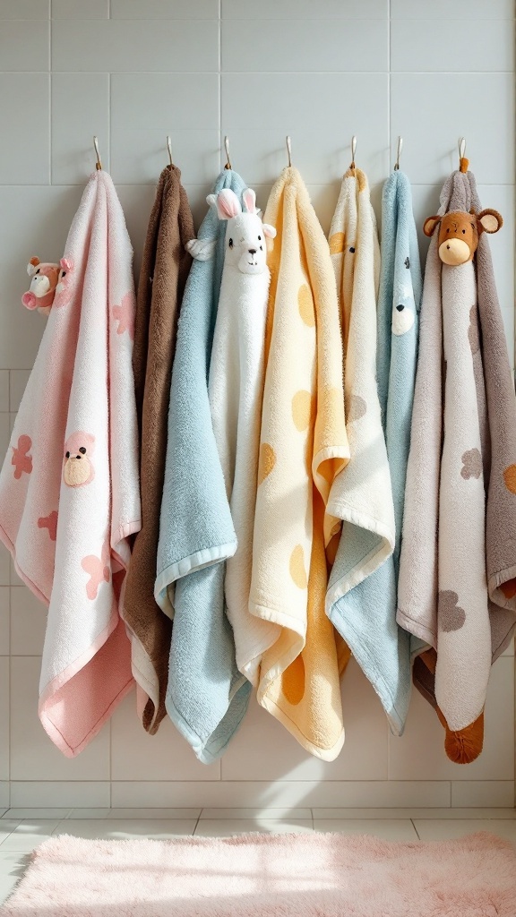 Fluffy towels with cute animal motifs hanging on hooks