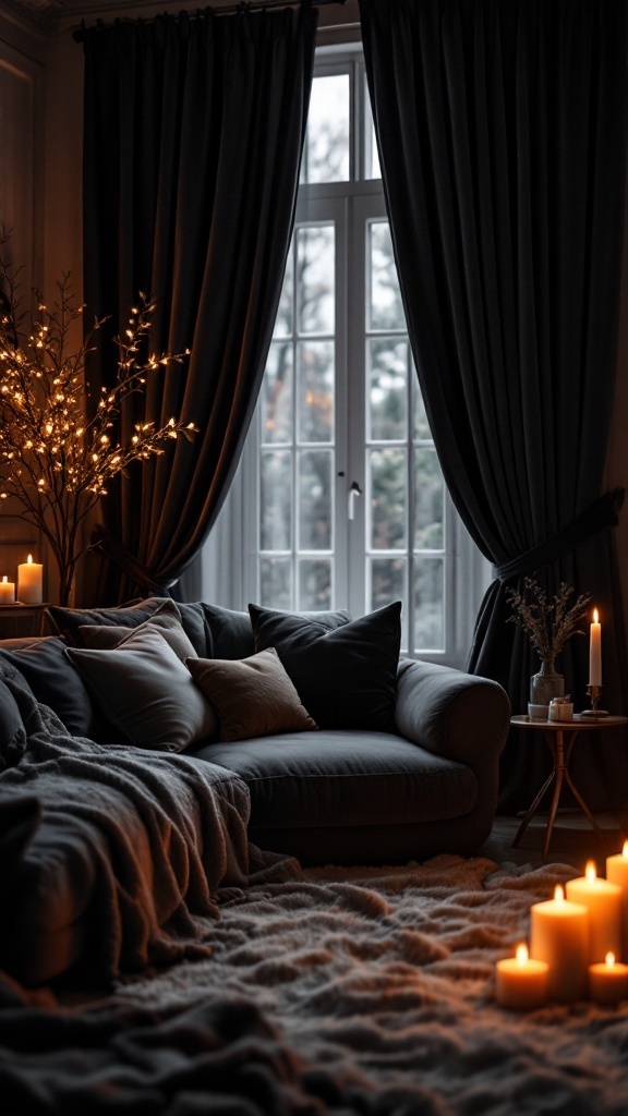A cozy living room with dark velvet curtains and textiles, featuring candles and soft lighting.