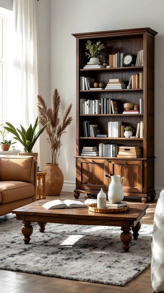 A cozy living room featuring dark wood furniture, a coffee table, and a bookshelf.