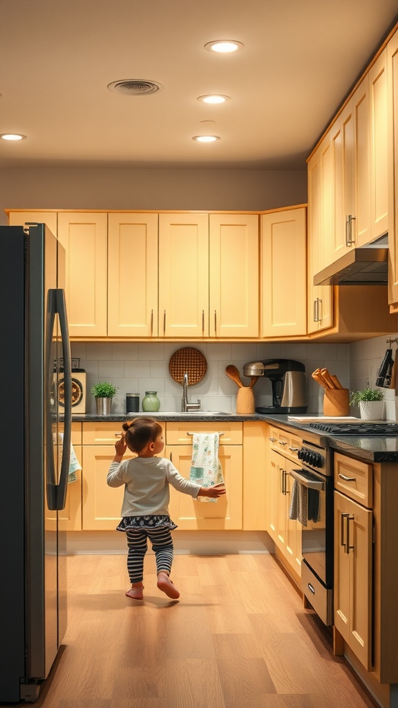 A cozy kitchen with butter yellow cabinets and a child exploring.