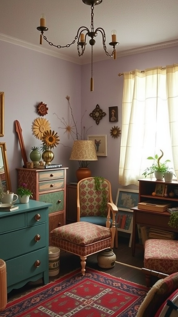 A cozy 1970s boho-style bedroom with a vintage dresser and eclectic decor.