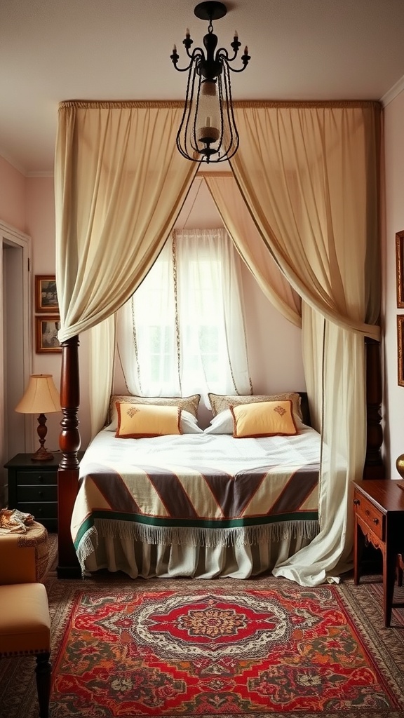 A cozy bedroom with a dramatic canopy bed draped in soft fabric, featuring elegant pillows and a colorful rug.