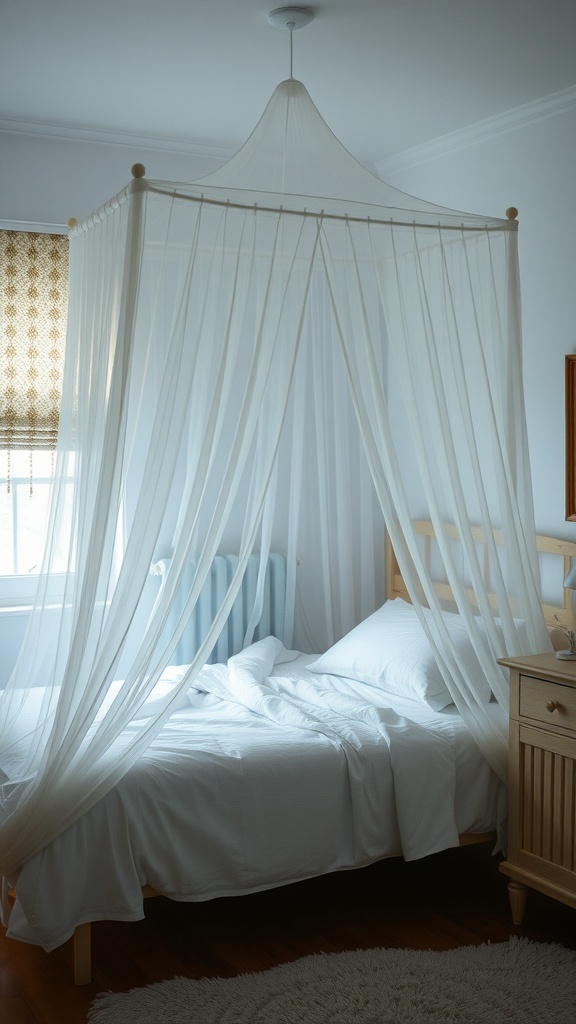 A cozy canopy bed draped with soft white fabric, creating a serene bedroom atmosphere.