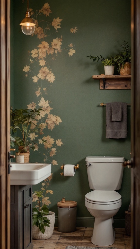 A modern rustic bathroom featuring earthy colors and plants.
