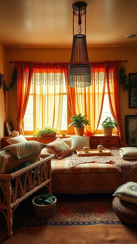 A 1970s boho style bedroom with earthy color palette, featuring orange curtains, a woven bed, and plants.