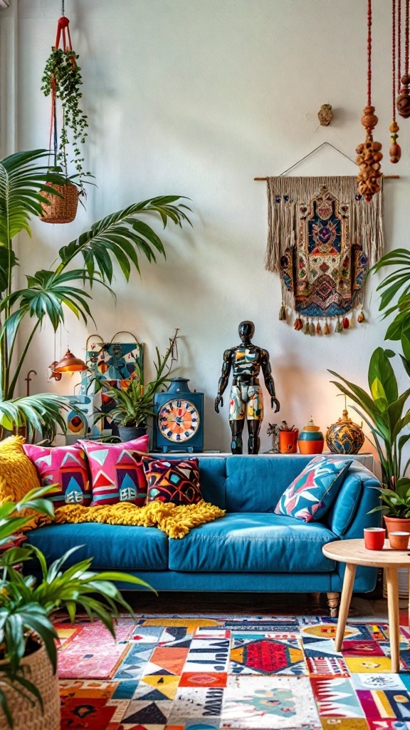 A cozy living room featuring a blue sofa, colorful pillows, and an eclectic decor style.