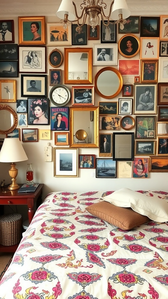 A bedroom with a colorful gallery wall featuring various frames and artwork.