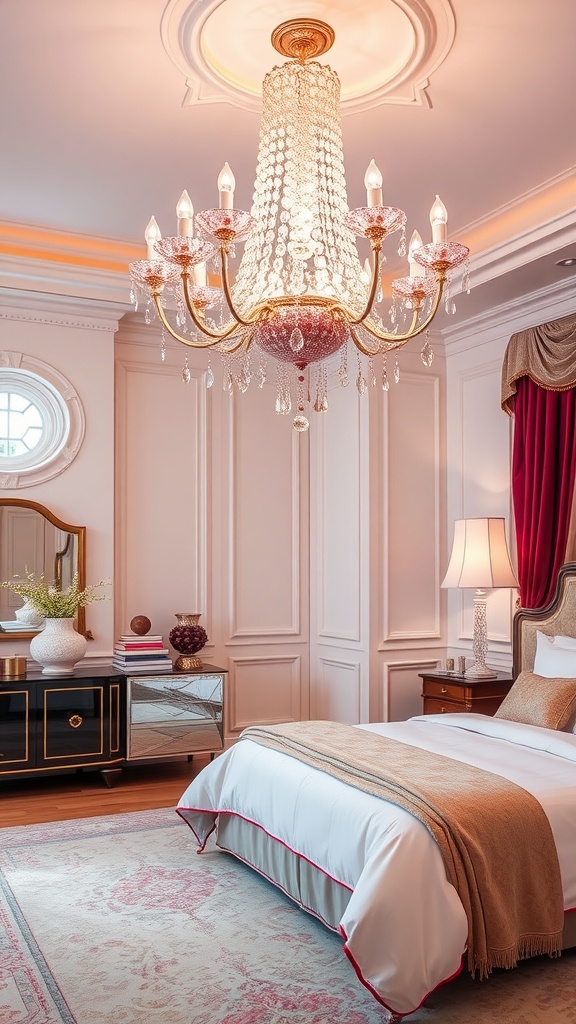 An elegant chandelier with pink hues in a stylish bedroom.