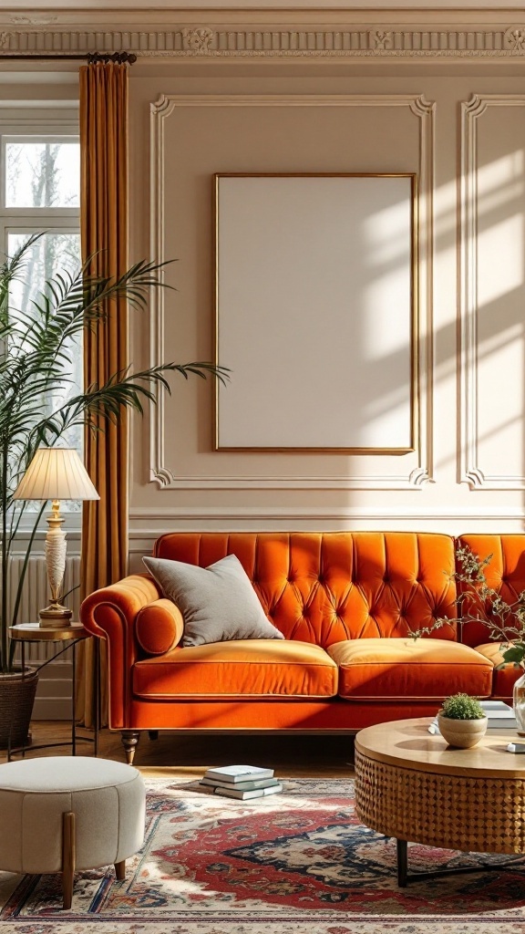 A living room with an orange velvet sofa, elegant decor, and warm lighting.