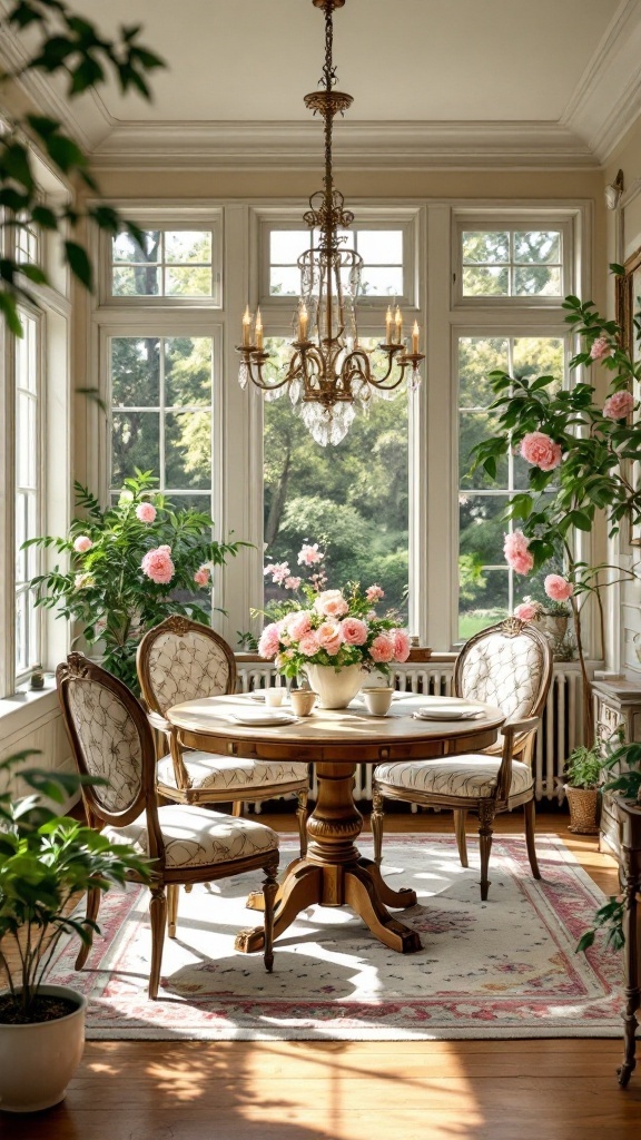 A traditional sunroom dining room featuring a round table with elegant chairs and floral decor.