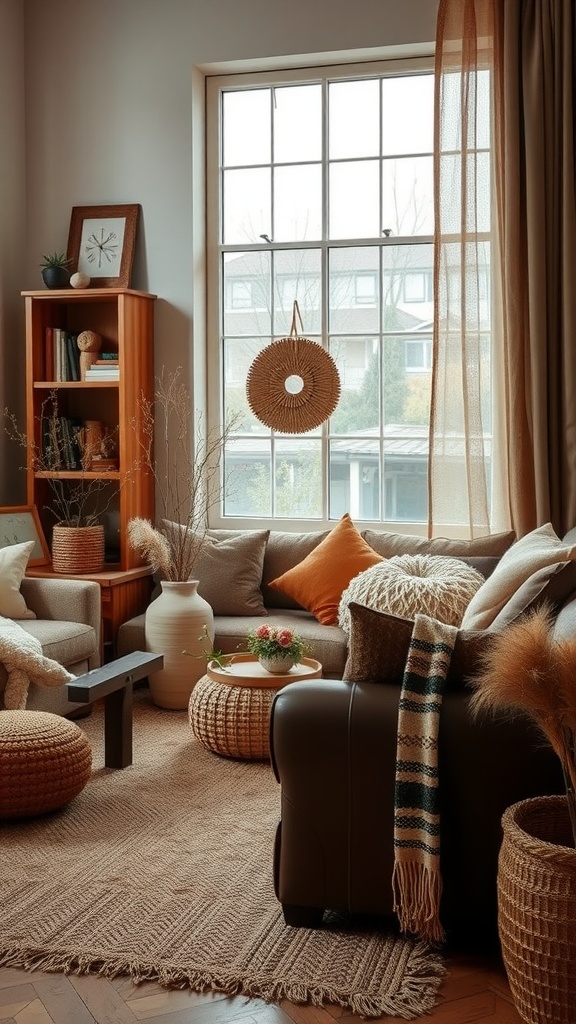 Cozy living room with earthy textures, featuring warm fabrics and decorative elements.