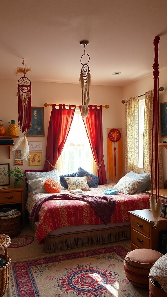 A cozy boho style bedroom with vibrant colors, dreamcatchers, and eclectic decor.