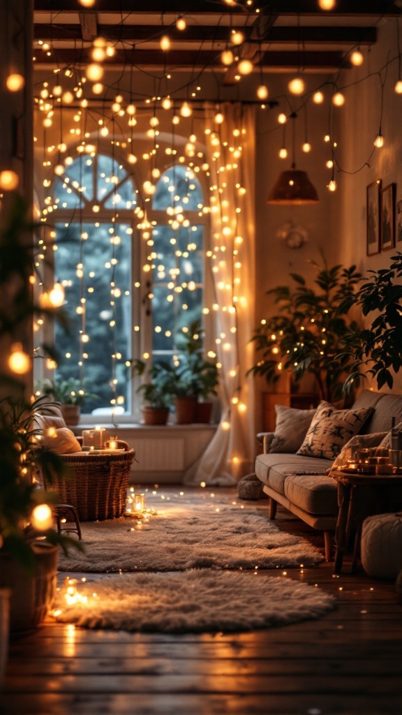 A cozy living room decorated with warm fairy lights, featuring plants and a comfortable sofa.