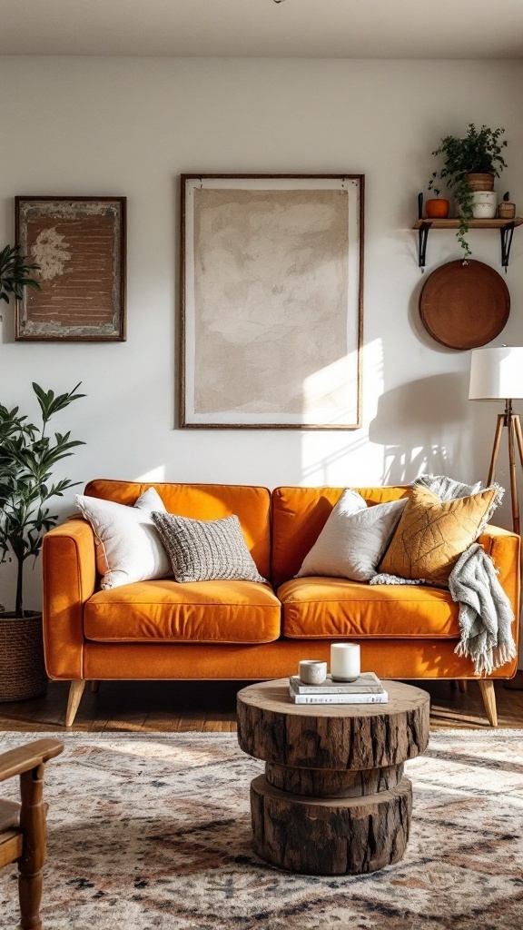 A cozy farmhouse chic living room featuring an orange velvet sofa with decorative pillows and a rustic wooden coffee table.