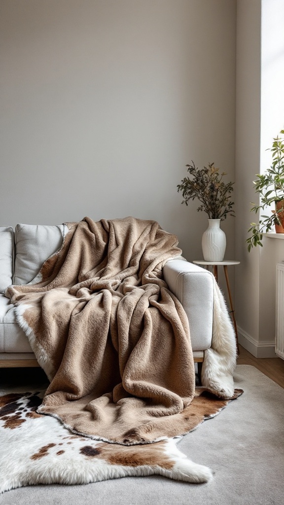 Cozy living room with faux animal skin decor including a blanket and rug.
