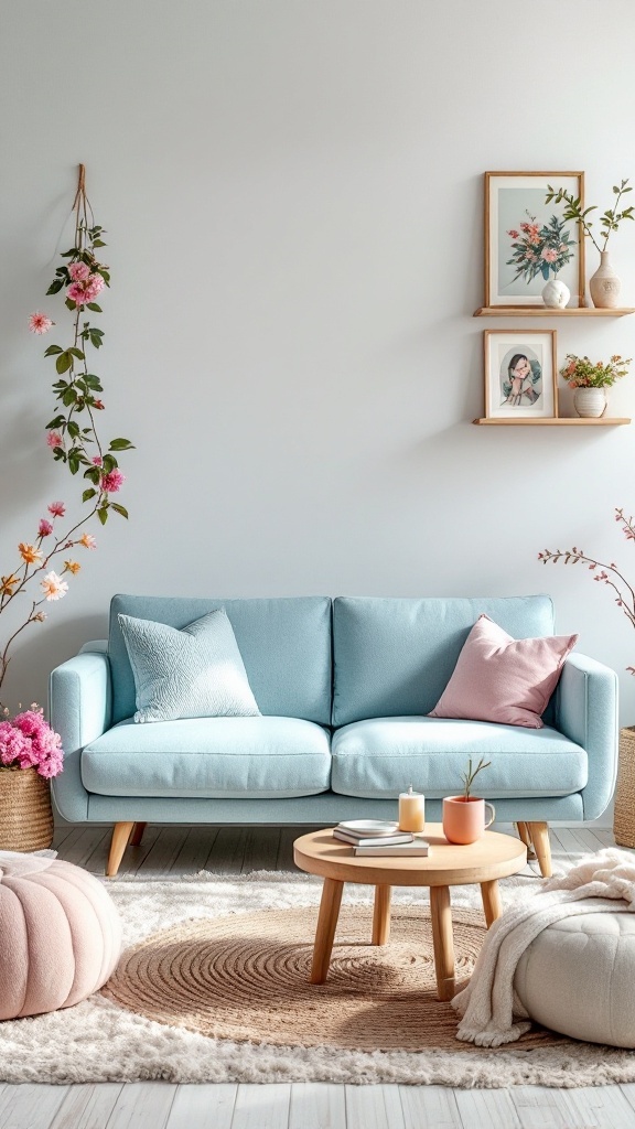 A cozy living room featuring a soft blue sofa with pastel pillows, surrounded by floral decor and a round coffee table.