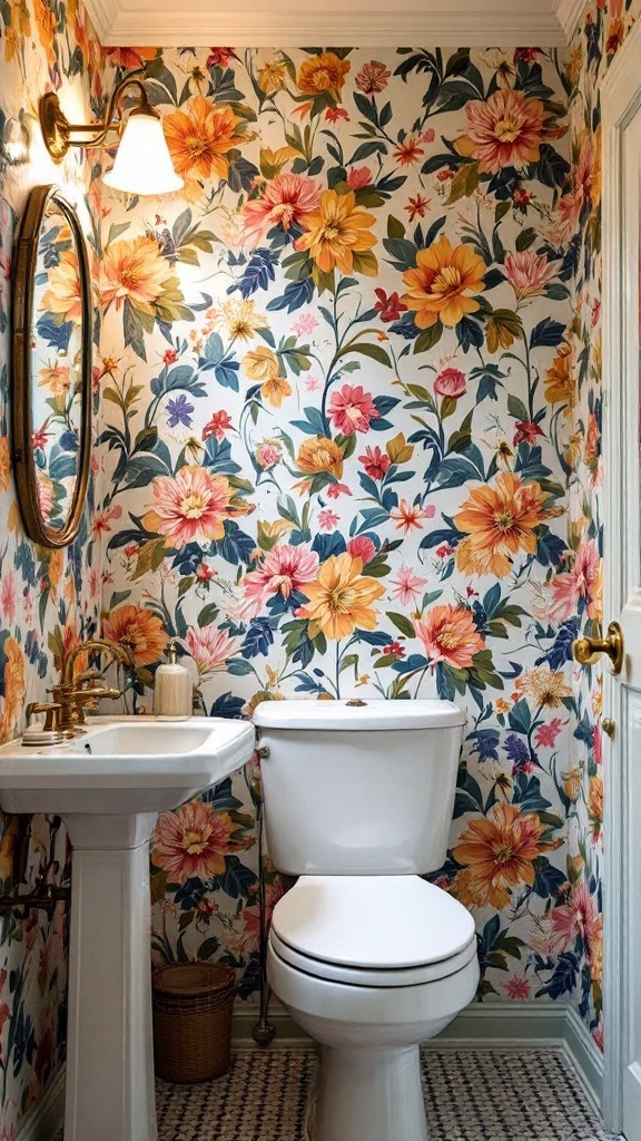 A bathroom with vibrant floral wallpaper featuring large flowers in warm colors.
