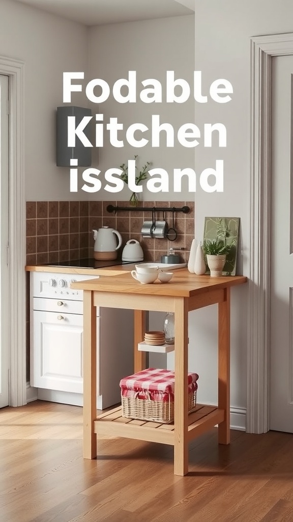 A foldable kitchen island with a wooden top and storage underneath, set in a small kitchen space.