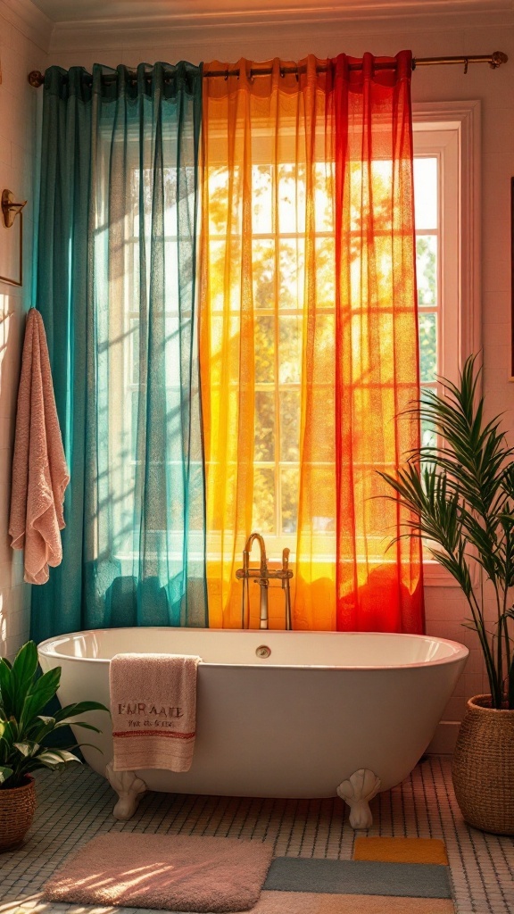 Colorful sheer curtains in a bathroom with a freestanding tub and potted plants.