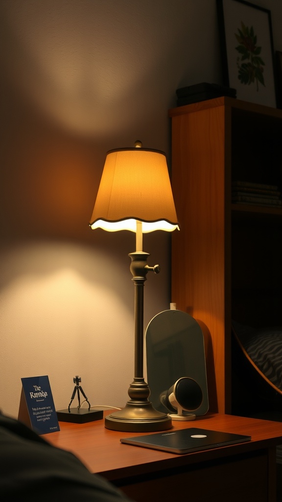 A stylish lamp on a desk in a cozy dorm room setting.