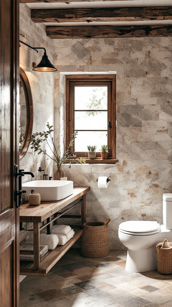 A modern rustic bathroom featuring natural stone walls, wooden beams, a stylish sink, and organized storage solutions.