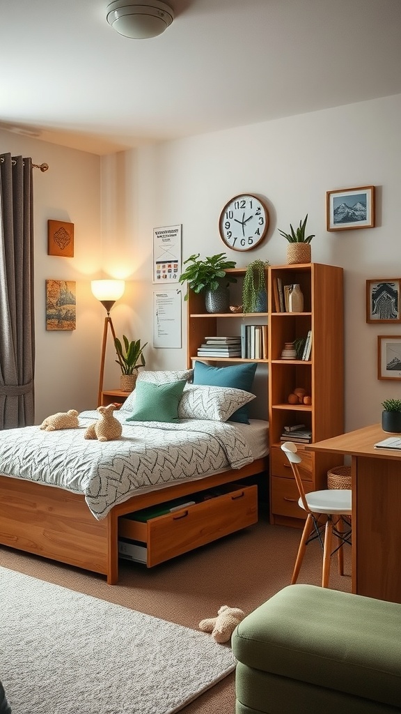 Cozy dorm room featuring multi-use furniture, including a bed with storage, a desk, and decorative plants.