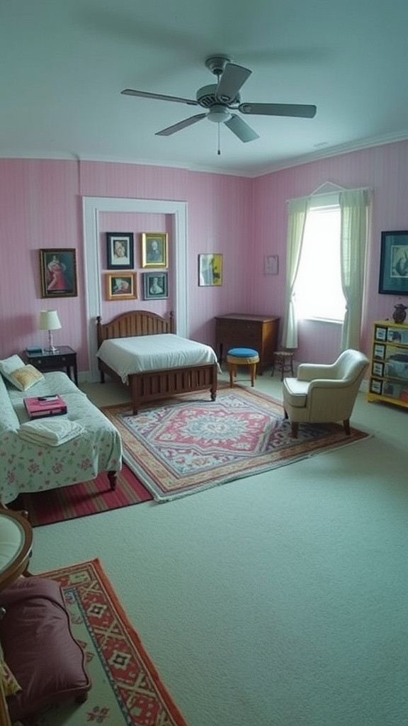 A 1970s boho-style bedroom featuring a colorful rug and vintage decor.