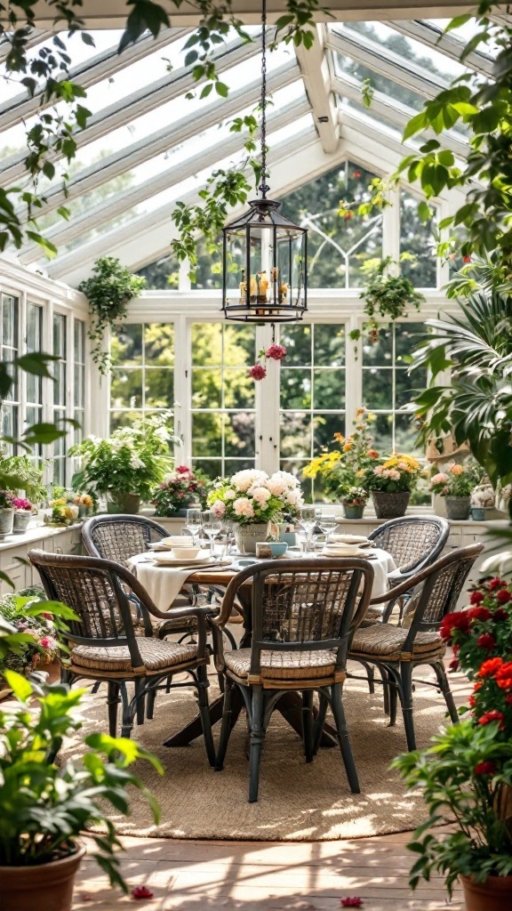 A bright and inviting sunroom dining area with a round table, elegant chairs, and plenty of plants.