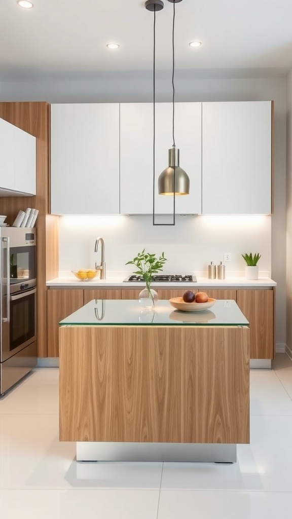 A modern kitchen island with a glass top and wooden base, showcasing a sleek design.