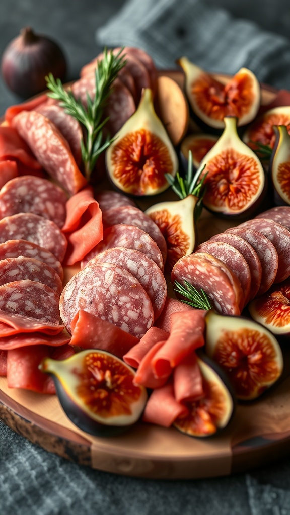 A charcuterie board featuring slices of gourmet salami, fresh figs, crackers, and rosemary.