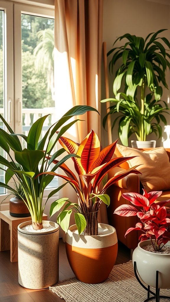 A bright living room featuring various indoor plants in decorative pots.