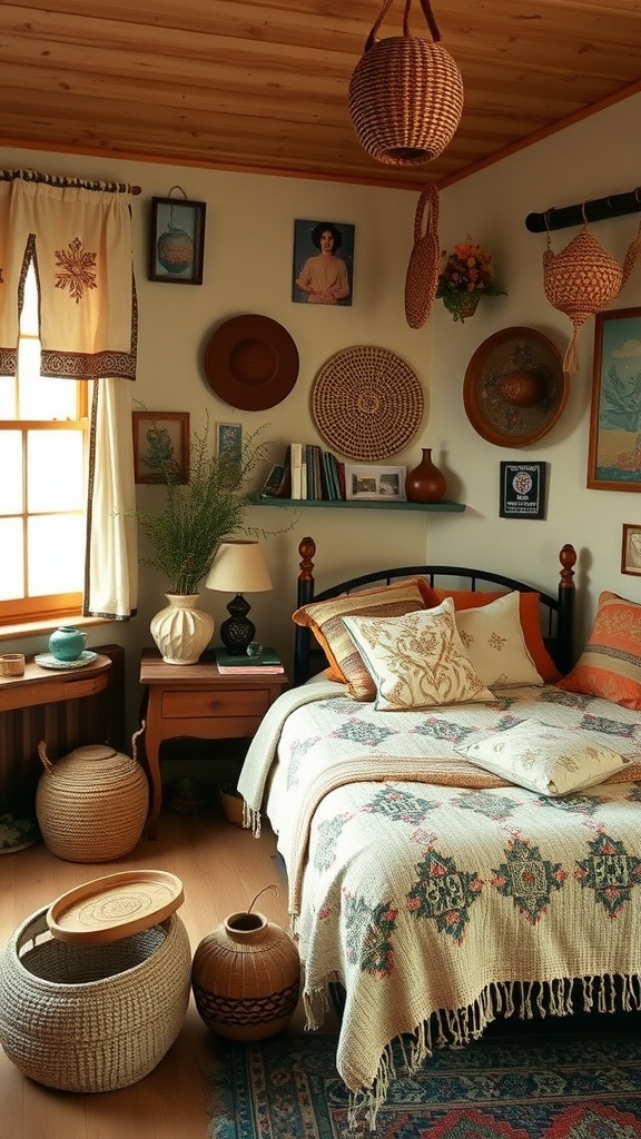 A cozy boho style bedroom featuring handmade decorative accessories like woven baskets, pottery, and decorative pillows.