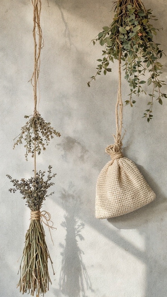 Two bunches of dried herbs hanging from twine against a textured wall.
