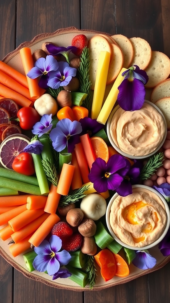 A vibrant spread of hummus and fresh vegetables, surrounded by flowers and decorative elements.