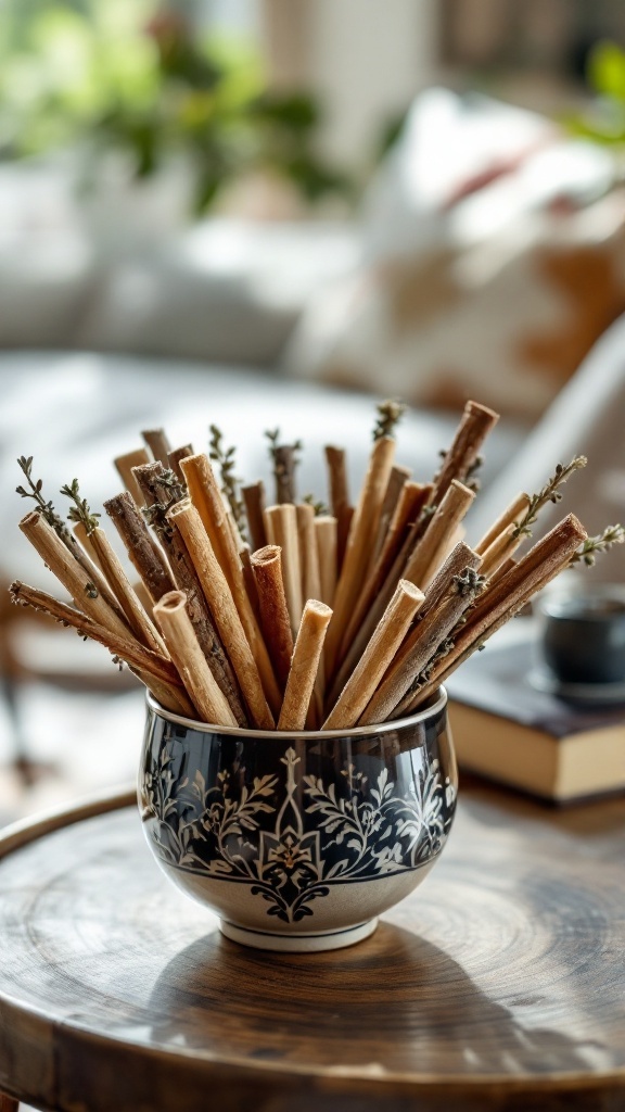 A decorative bowl filled with herbal smudge sticks on a wooden table.