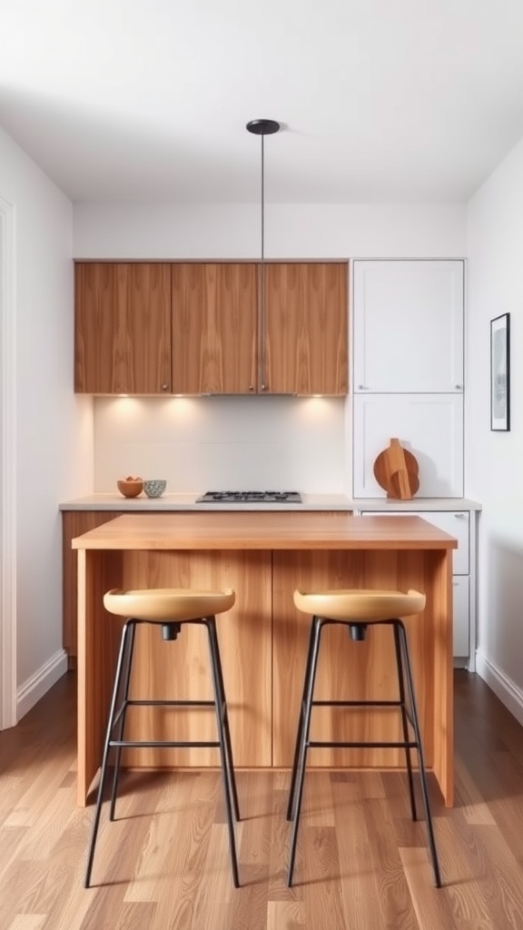 A modern kitchen with a high-top island and bar stools.