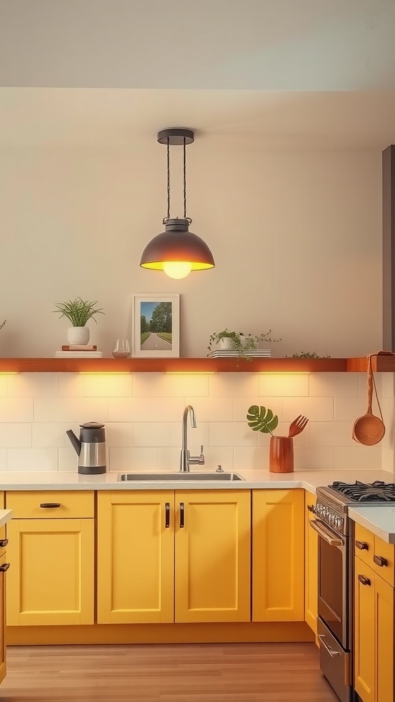 Bright kitchen with butter yellow cabinets and warm lighting.