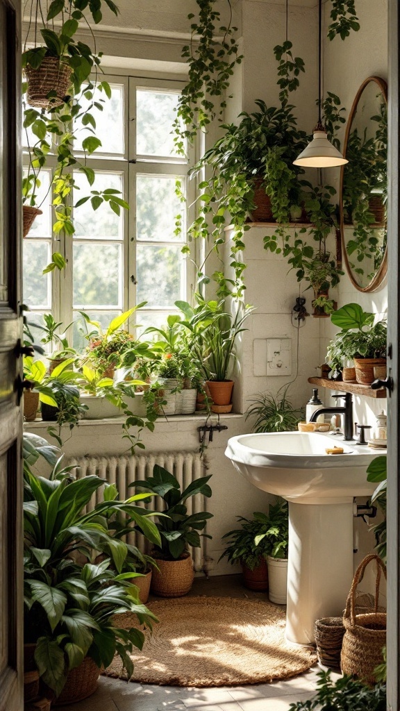A bright, rustic bathroom filled with various green plants, showcasing a natural and fresh atmosphere.