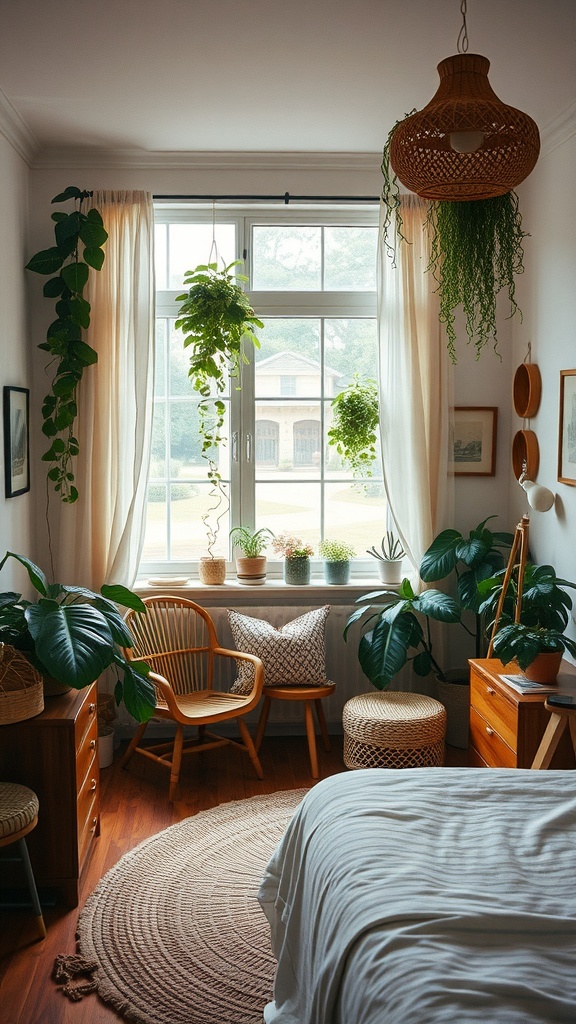 A cozy boho style bedroom featuring plants, natural fibers, and warm wooden furniture.