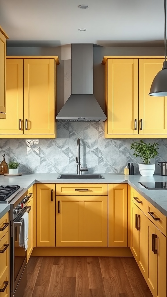 Bright butter yellow kitchen cabinets with a modern design.