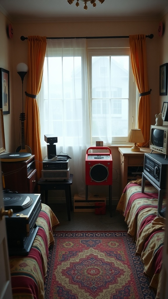 A cozy bedroom featuring vintage electronics like a record player, radio, and retro lamp.