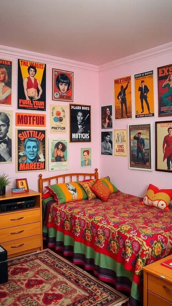 A cozy 1970s boho style bedroom featuring vintage posters on the walls, a colorful bedspread, and wooden furniture.