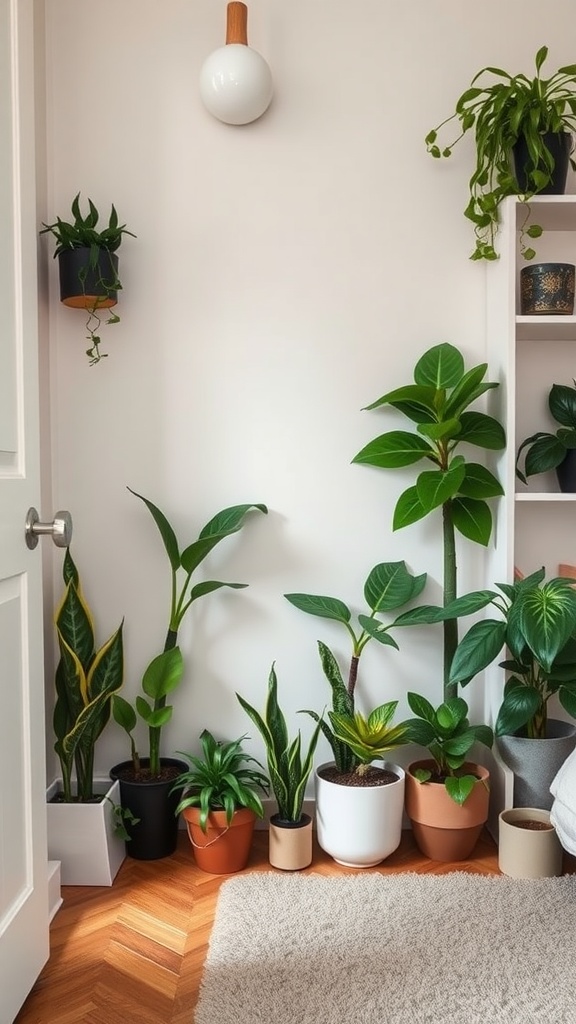 A cozy corner of a dorm room filled with various indoor plants in pots, showcasing a fresh and inviting atmosphere.